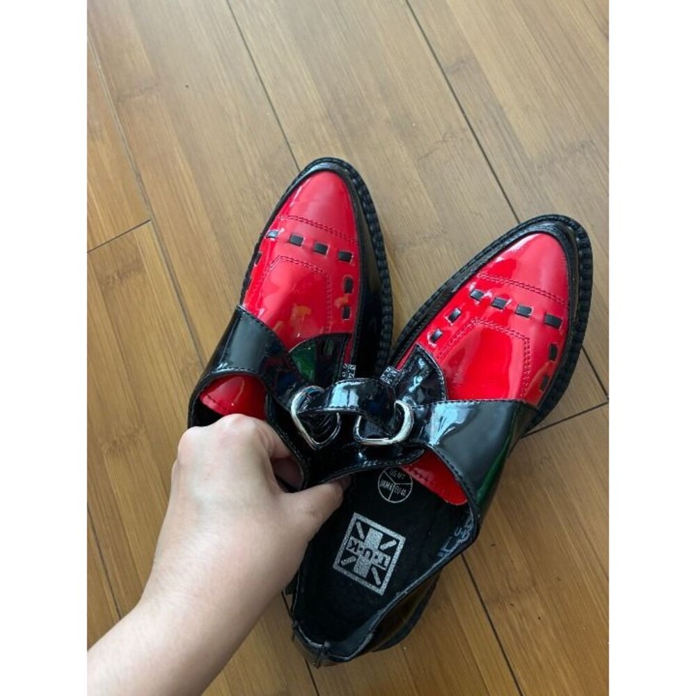 T.U.K. Black/Red Patent Monk Buckle Pointed Creepers Women's 7 40